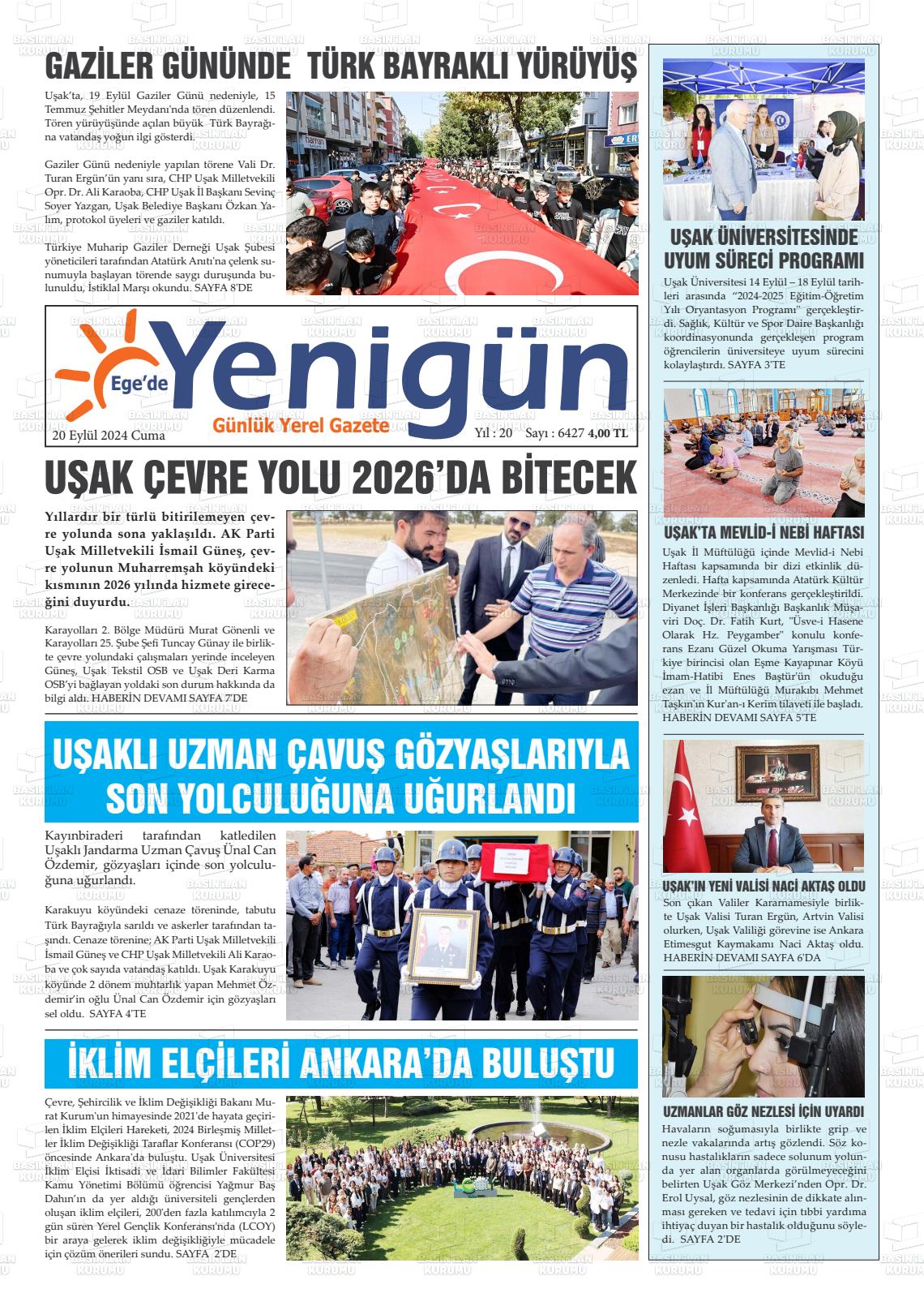 20 Eylül 2024 EGE'DE YENİGÜN GAZETESİ Gazete Manşeti