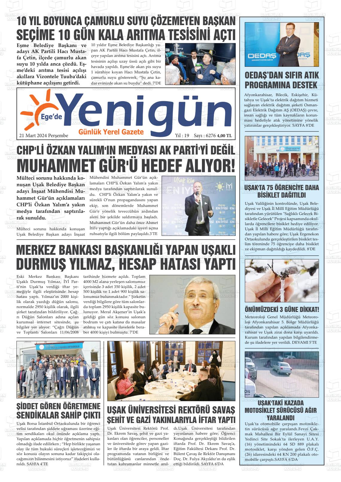 21 Mart 2024 EGE'DE YENİGÜN GAZETESİ Gazete Manşeti