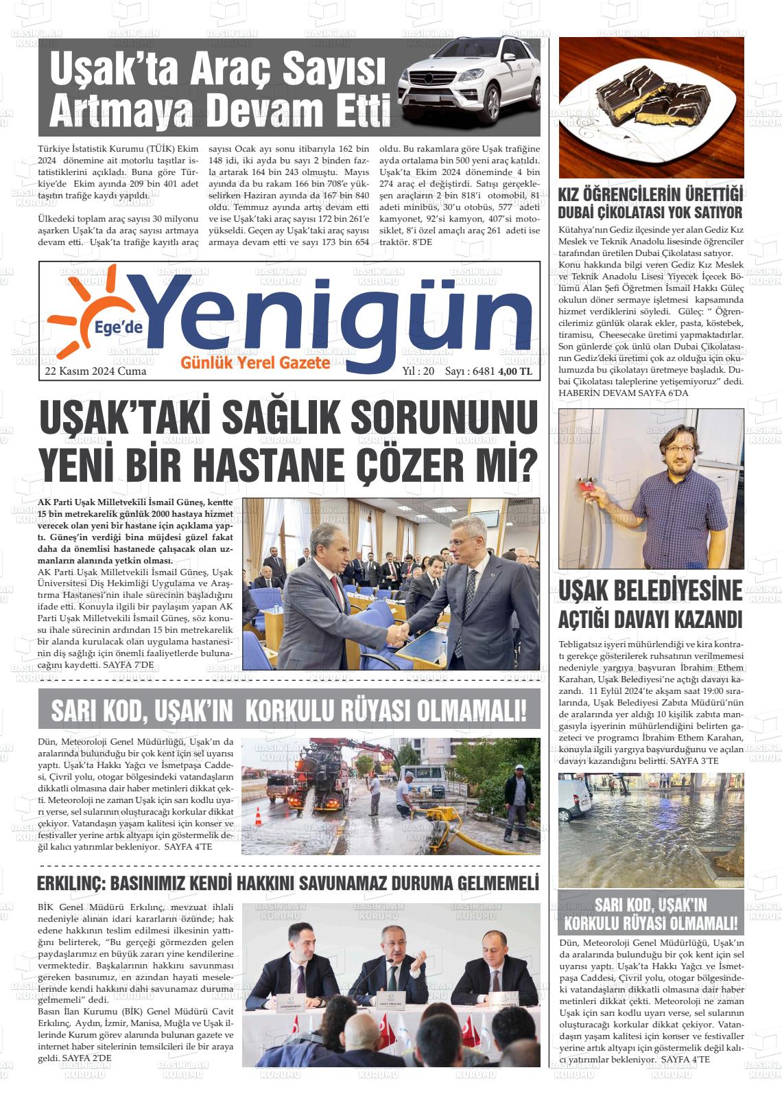 22 Kasım 2024 EGE'DE YENİGÜN GAZETESİ Gazete Manşeti