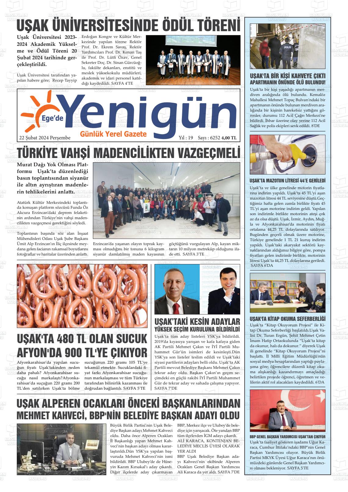 22 Şubat 2024 EGE'DE YENİGÜN GAZETESİ Gazete Manşeti