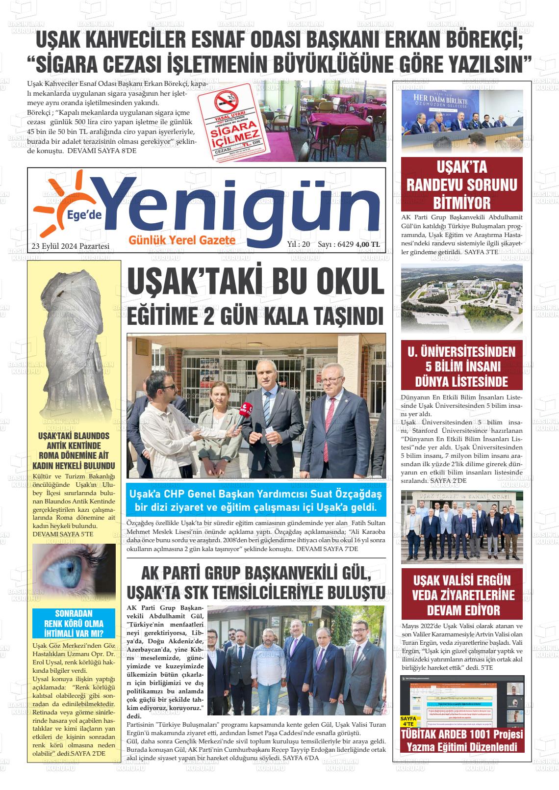 23 Eylül 2024 EGE'DE YENİGÜN GAZETESİ Gazete Manşeti