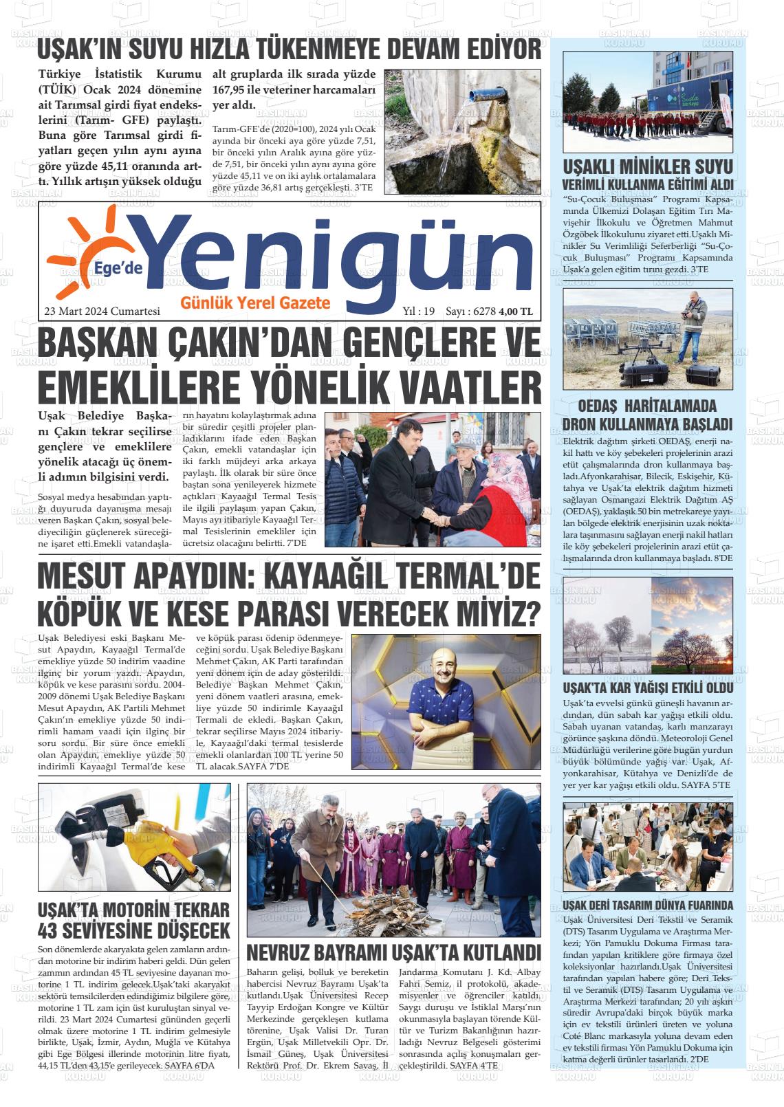 23 Mart 2024 EGE'DE YENİGÜN GAZETESİ Gazete Manşeti