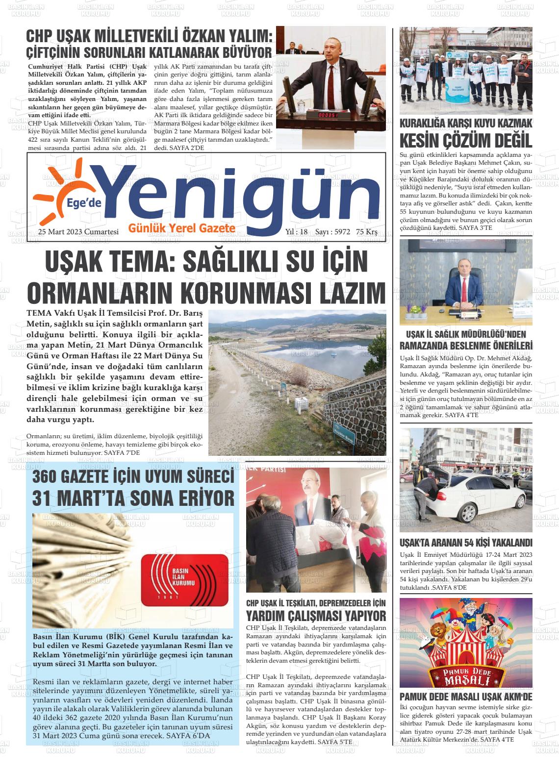 25 Mart 2023 EGE'DE YENİGÜN GAZETESİ Gazete Manşeti