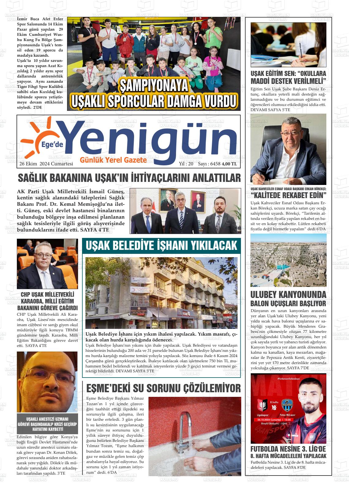 26 Ekim 2024 EGE'DE YENİGÜN GAZETESİ Gazete Manşeti