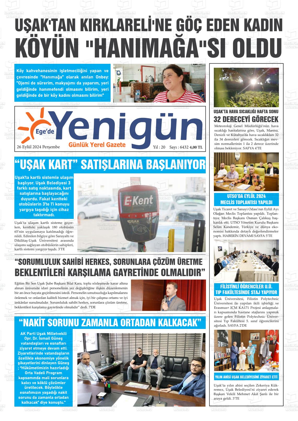 26 Eylül 2024 EGE'DE YENİGÜN GAZETESİ Gazete Manşeti