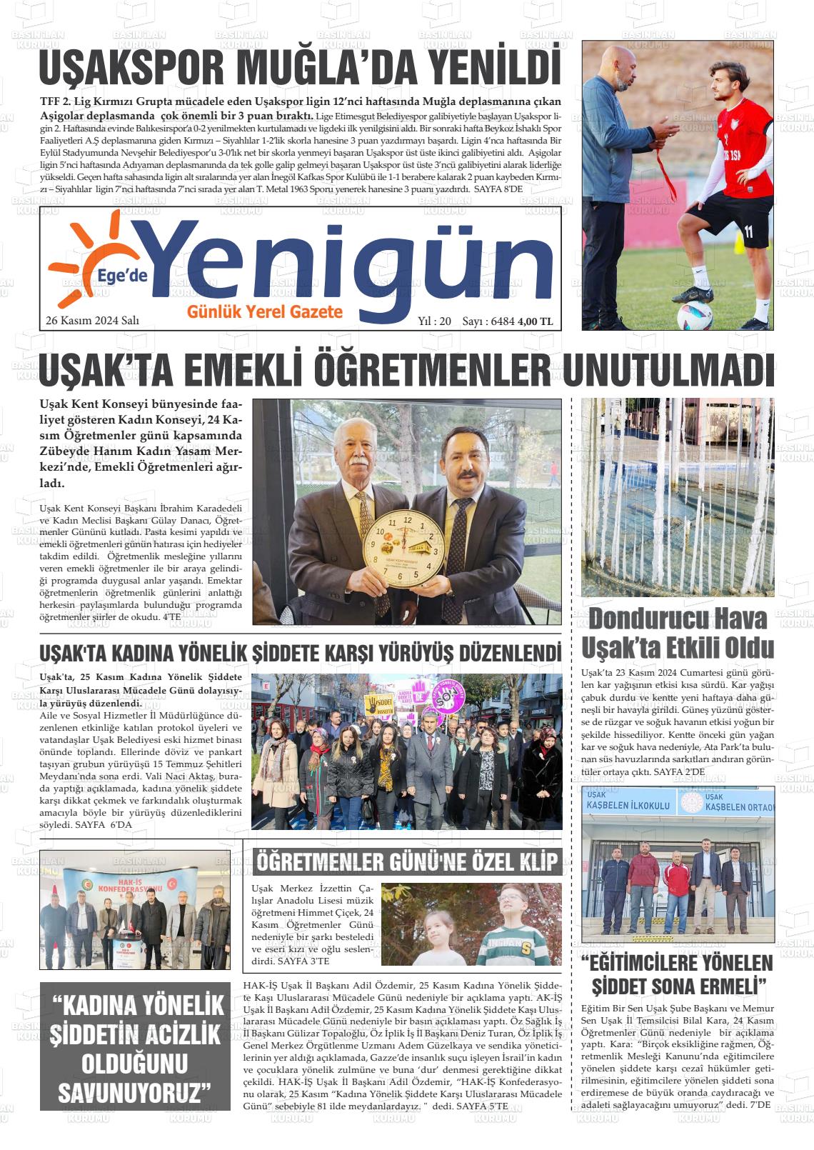 26 Kasım 2024 EGE'DE YENİGÜN GAZETESİ Gazete Manşeti