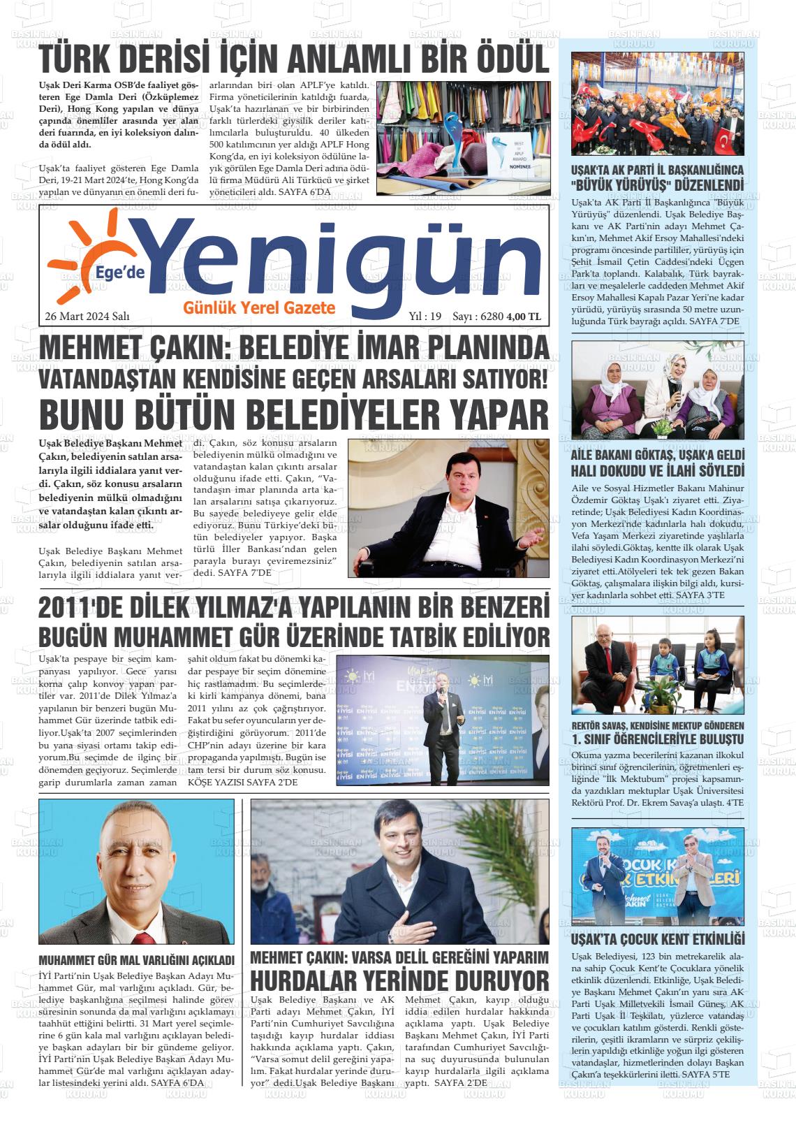 26 Mart 2024 EGE'DE YENİGÜN GAZETESİ Gazete Manşeti