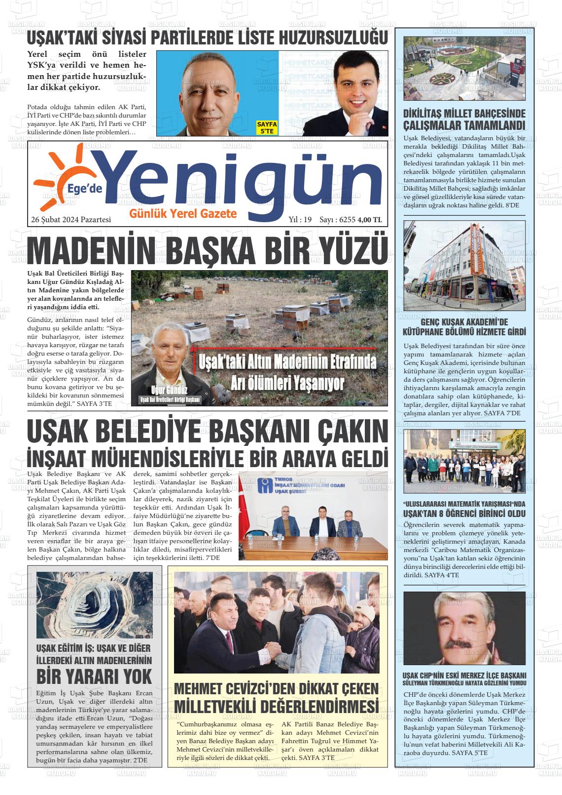 26 Şubat 2024 EGE'DE YENİGÜN GAZETESİ Gazete Manşeti