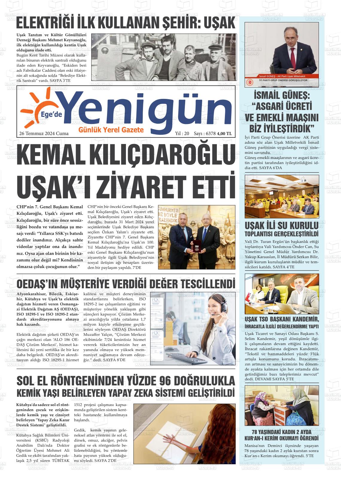 27 Temmuz 2024 EGE'DE YENİGÜN GAZETESİ Gazete Manşeti