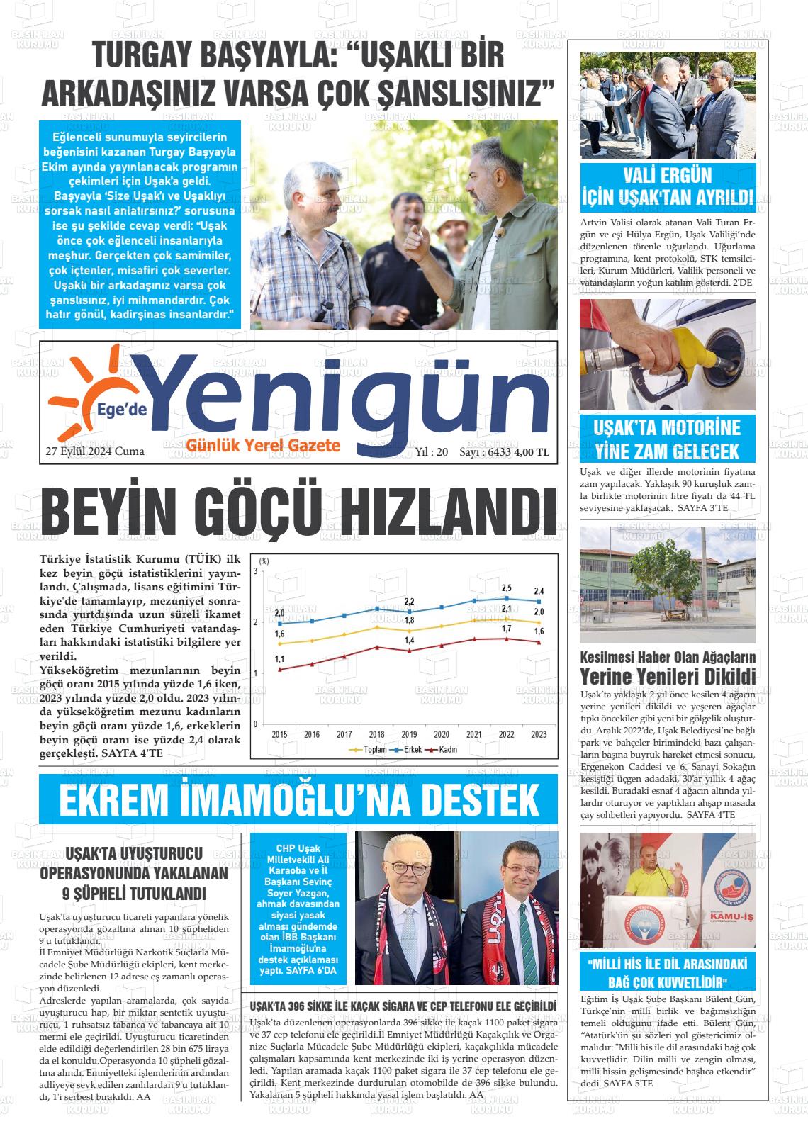 27 Eylül 2024 EGE'DE YENİGÜN GAZETESİ Gazete Manşeti