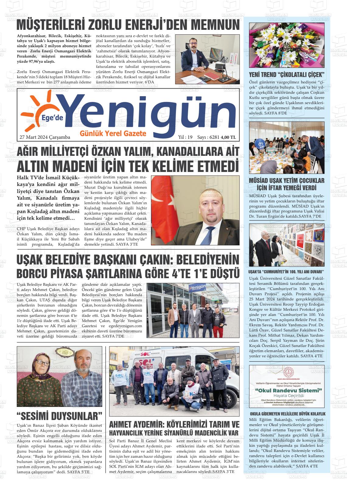 27 Mart 2024 EGE'DE YENİGÜN GAZETESİ Gazete Manşeti