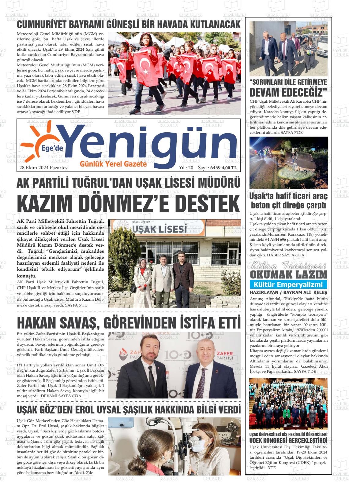 28 Ekim 2024 EGE'DE YENİGÜN GAZETESİ Gazete Manşeti