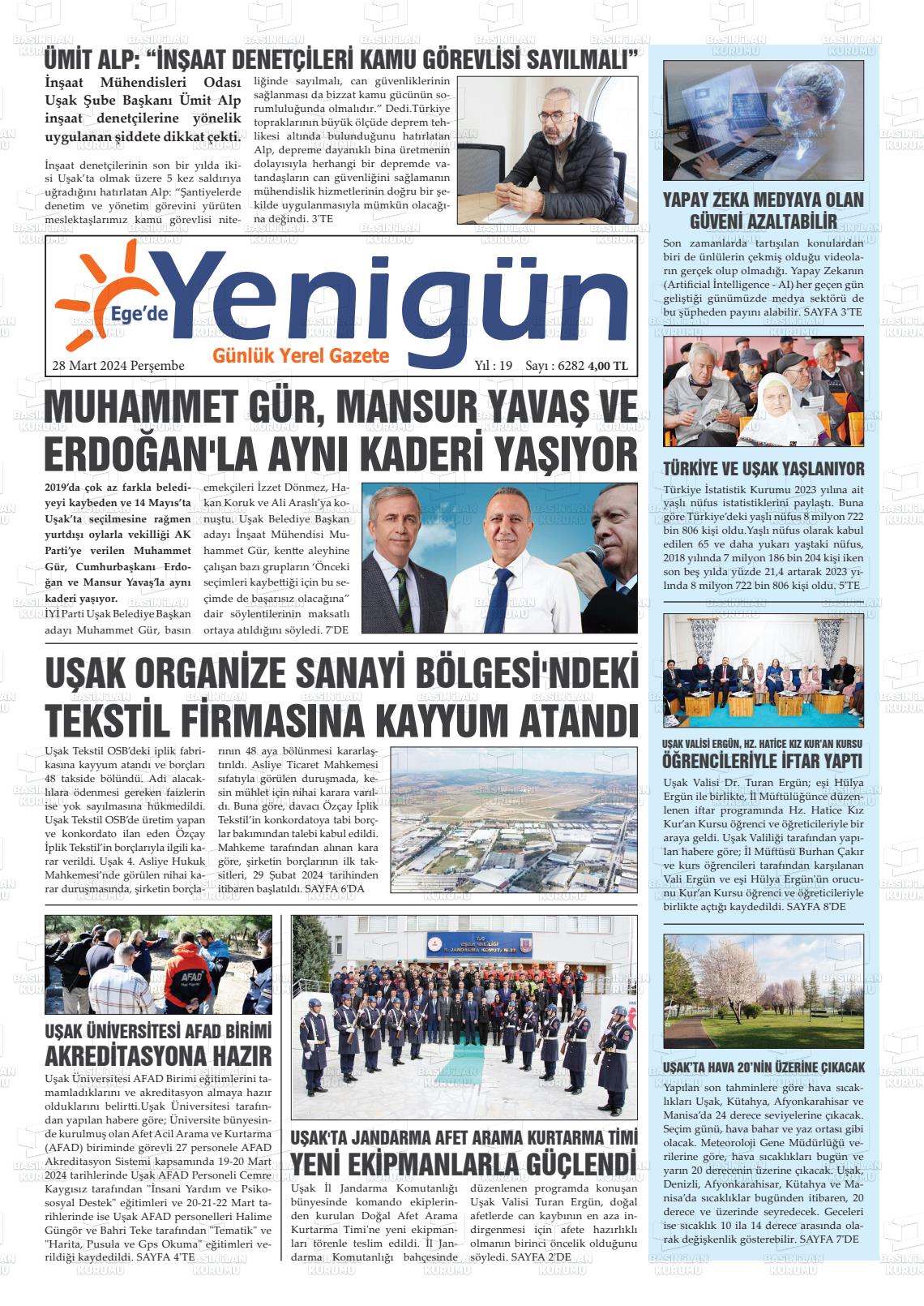 28 Mart 2024 EGE'DE YENİGÜN GAZETESİ Gazete Manşeti