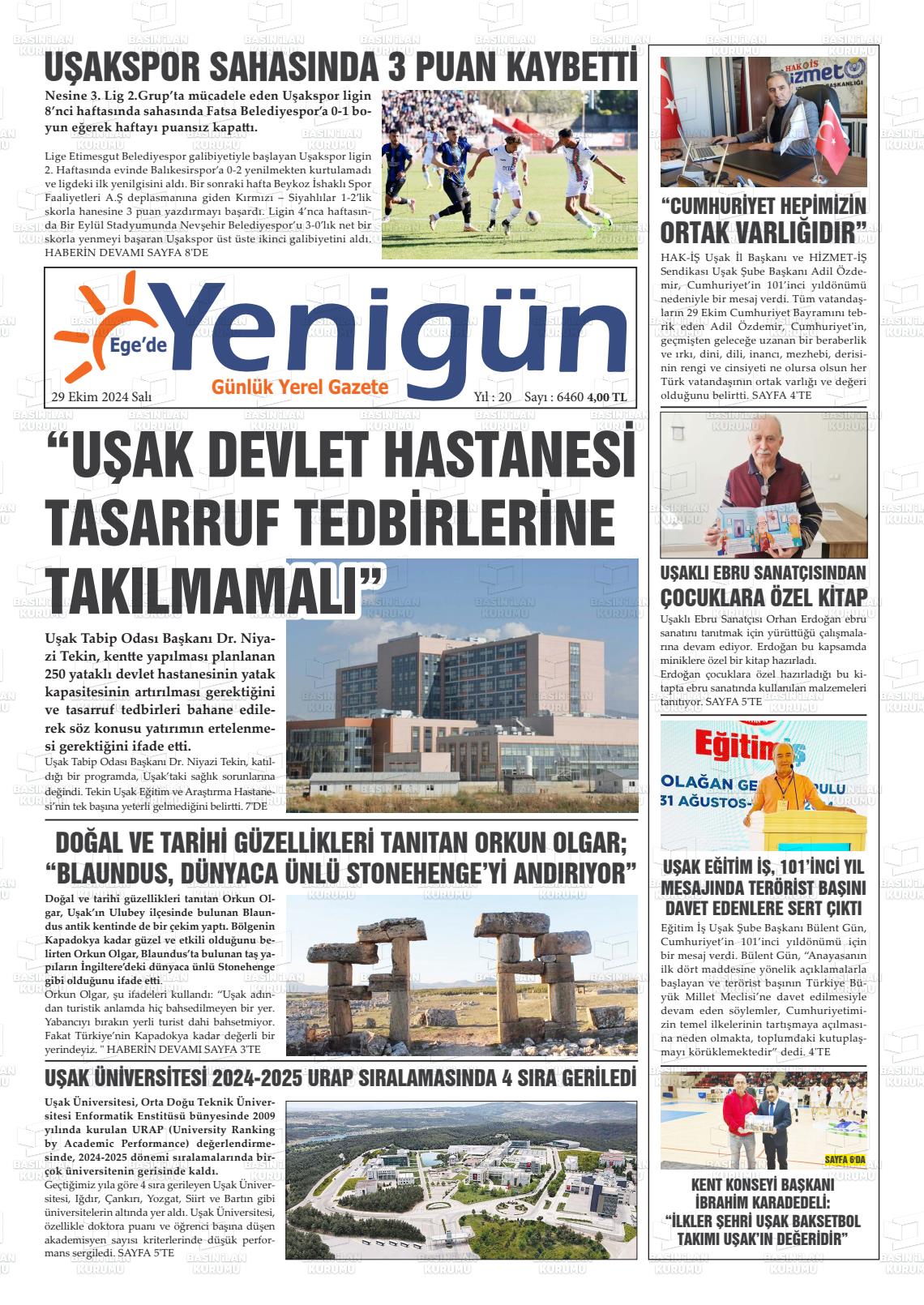 29 Ekim 2024 EGE'DE YENİGÜN GAZETESİ Gazete Manşeti