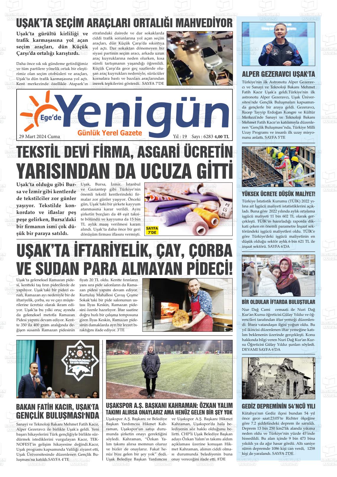 29 Mart 2024 EGE'DE YENİGÜN GAZETESİ Gazete Manşeti