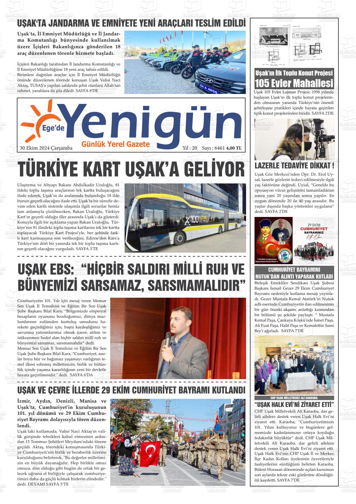 30 Ekim 2024 EGE'DE YENİGÜN GAZETESİ Gazete Manşeti