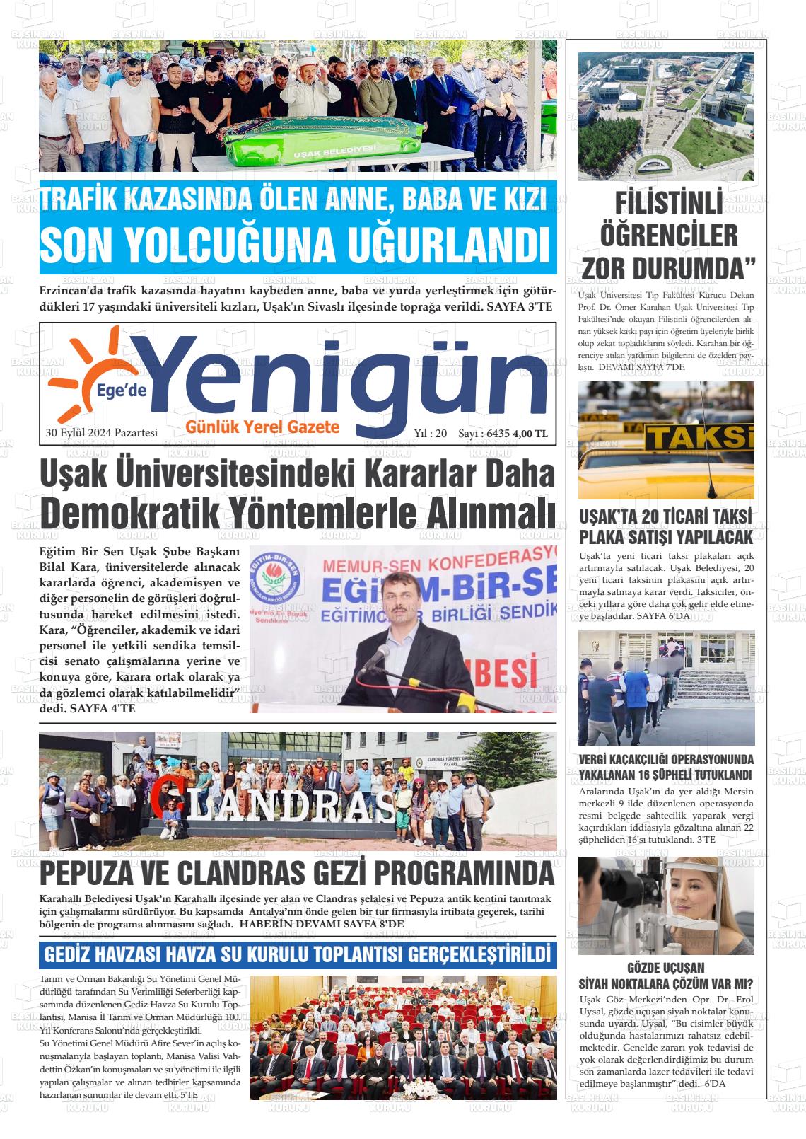 30 Eylül 2024 EGE'DE YENİGÜN GAZETESİ Gazete Manşeti