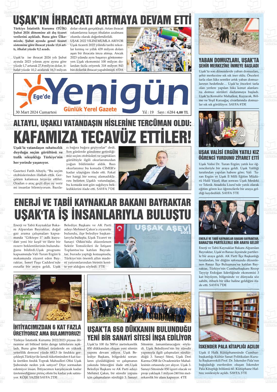 30 Mart 2024 EGE'DE YENİGÜN GAZETESİ Gazete Manşeti