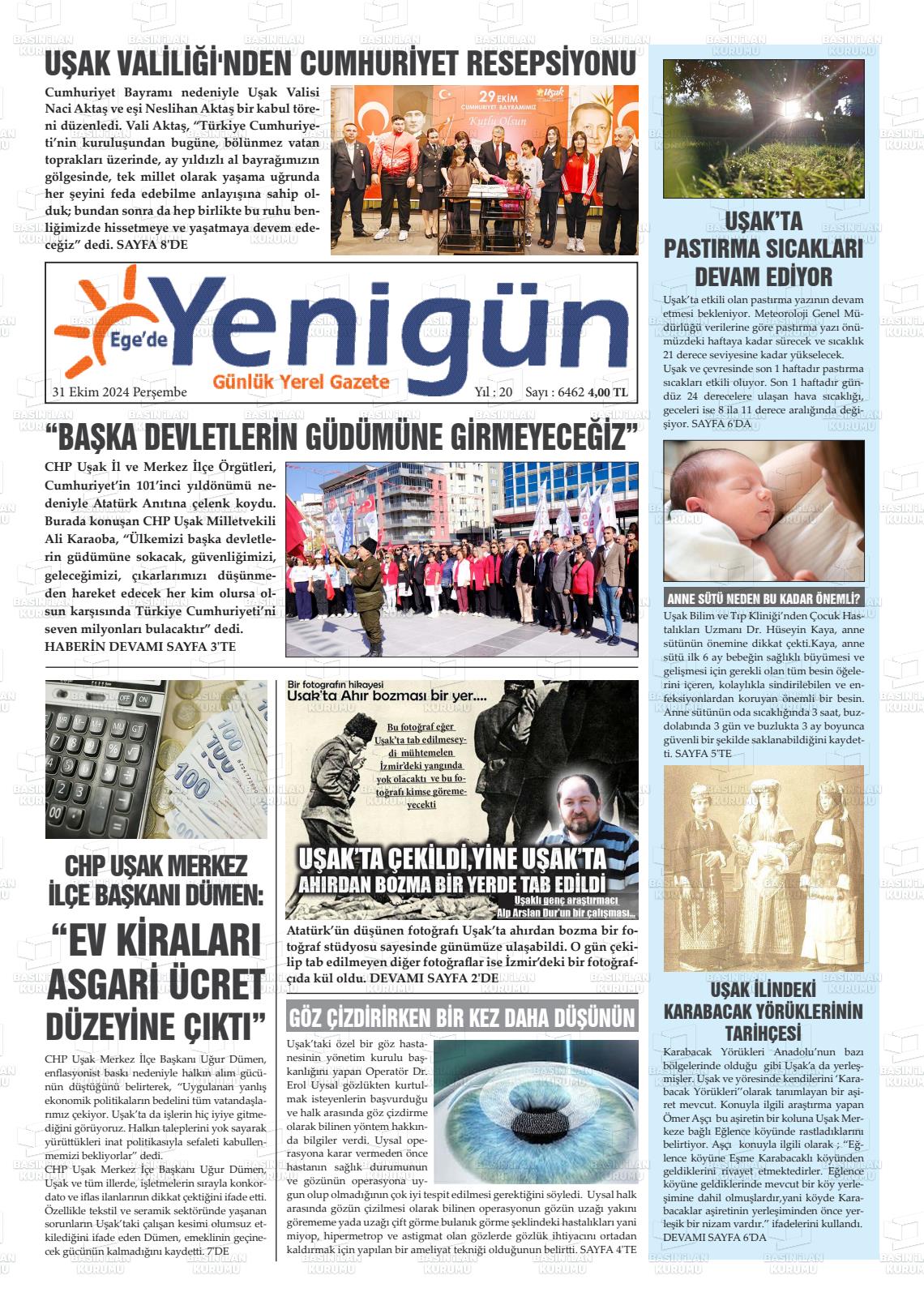 31 Ekim 2024 EGE'DE YENİGÜN GAZETESİ Gazete Manşeti