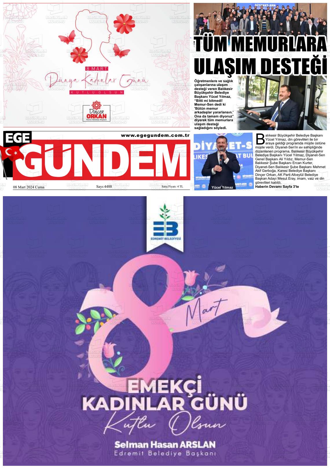 08 Mart 2024 Ege Gündem Gazete Manşeti