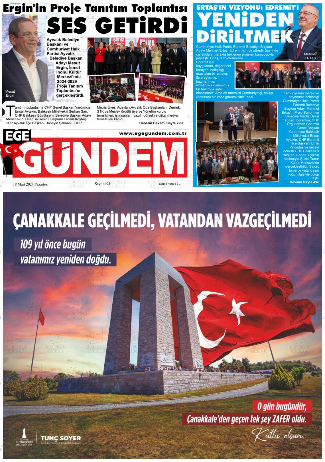 18 Mart 2024 Ege Gündem Gazete Manşeti