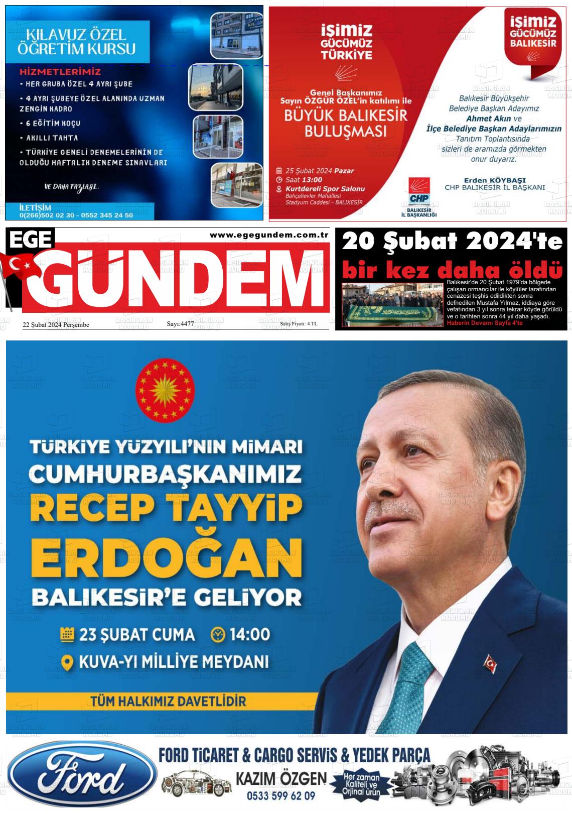 22 Şubat 2024 Ege Gündem Gazete Manşeti