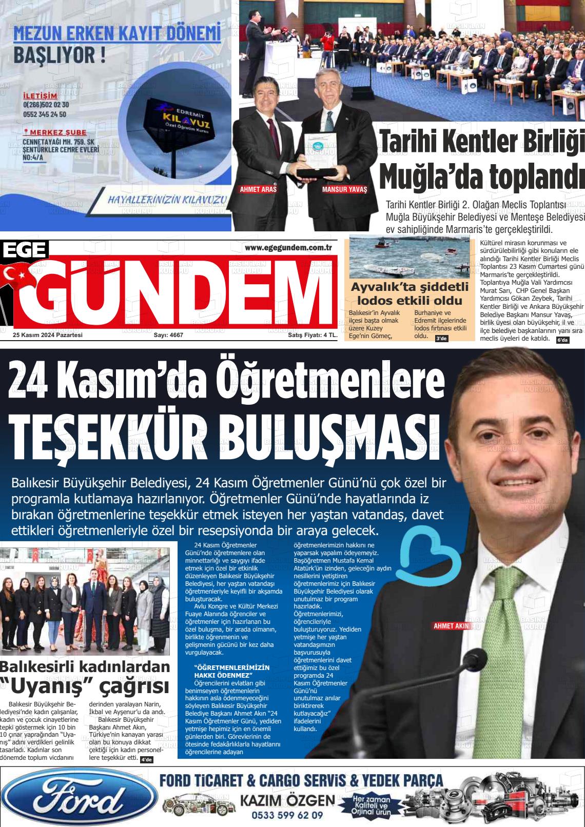 25 Kasım 2024 Ege Gündem Gazete Manşeti