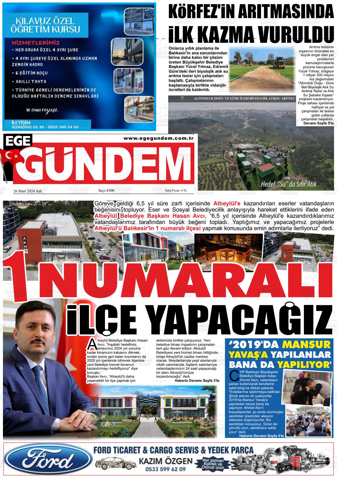 26 Mart 2024 Ege Gündem Gazete Manşeti