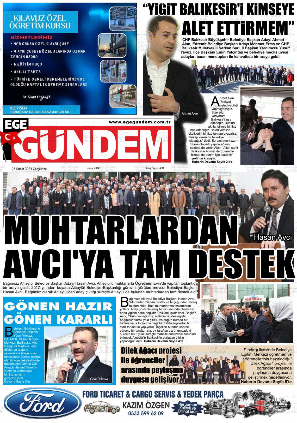 28 Şubat 2024 Ege Gündem Gazete Manşeti