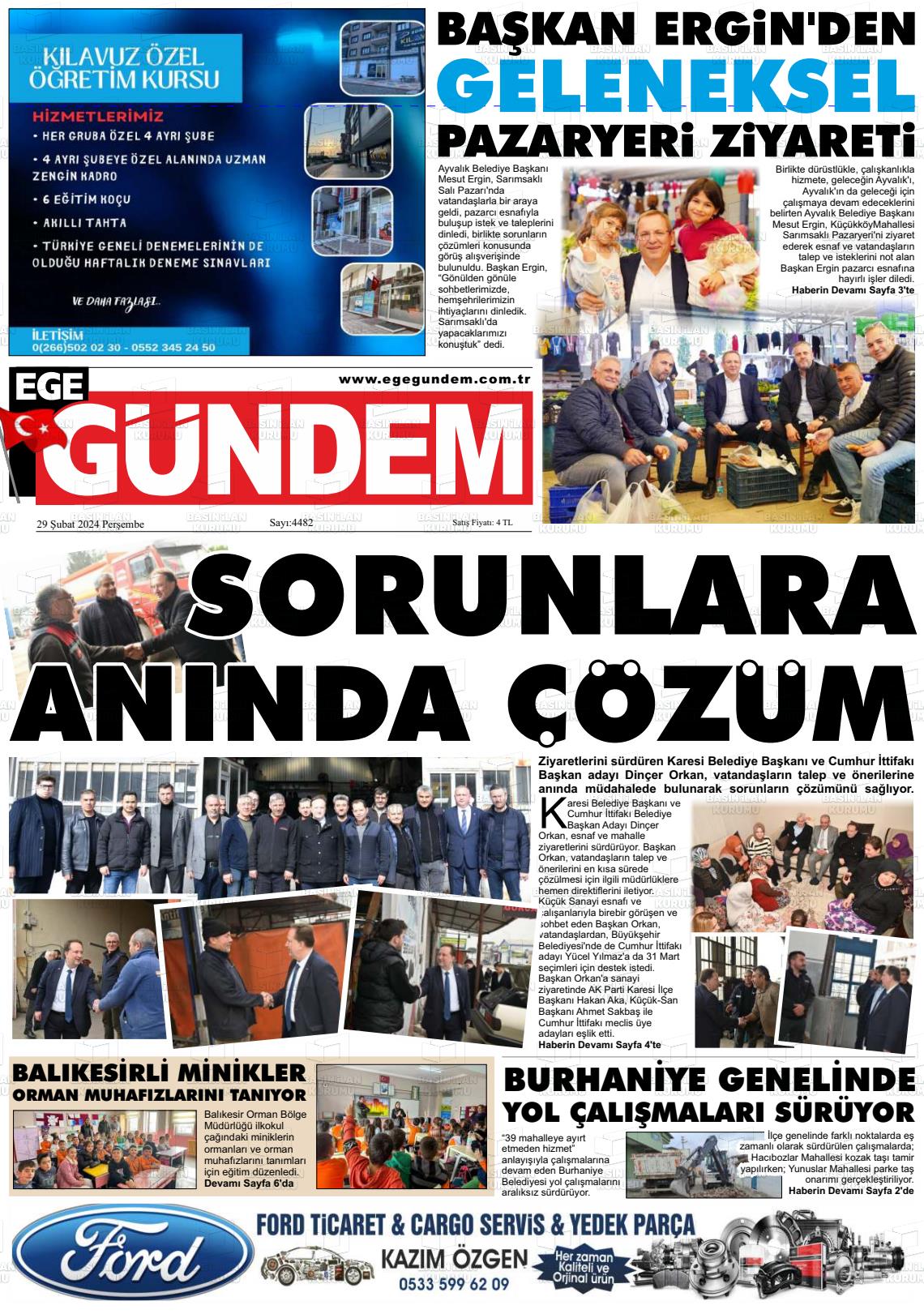 29 Şubat 2024 Ege Gündem Gazete Manşeti