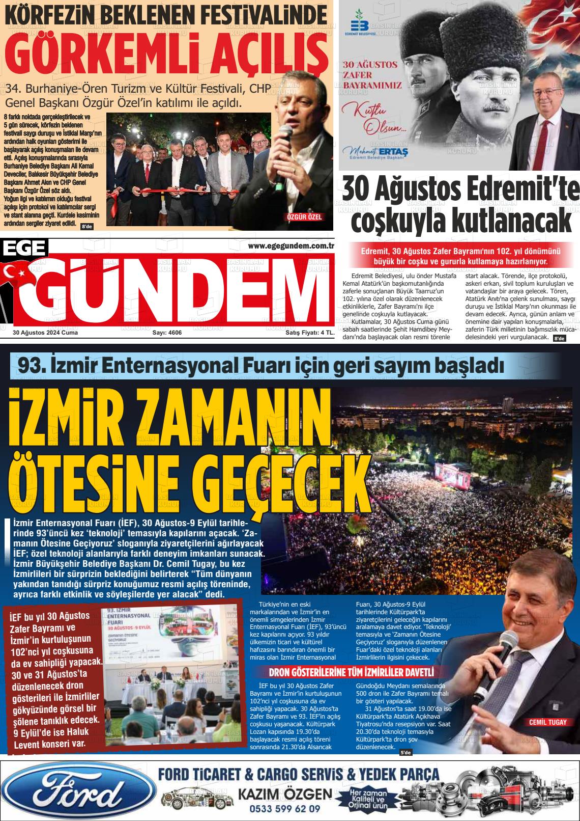 30 Ağustos 2024 Ege Gündem Gazete Manşeti