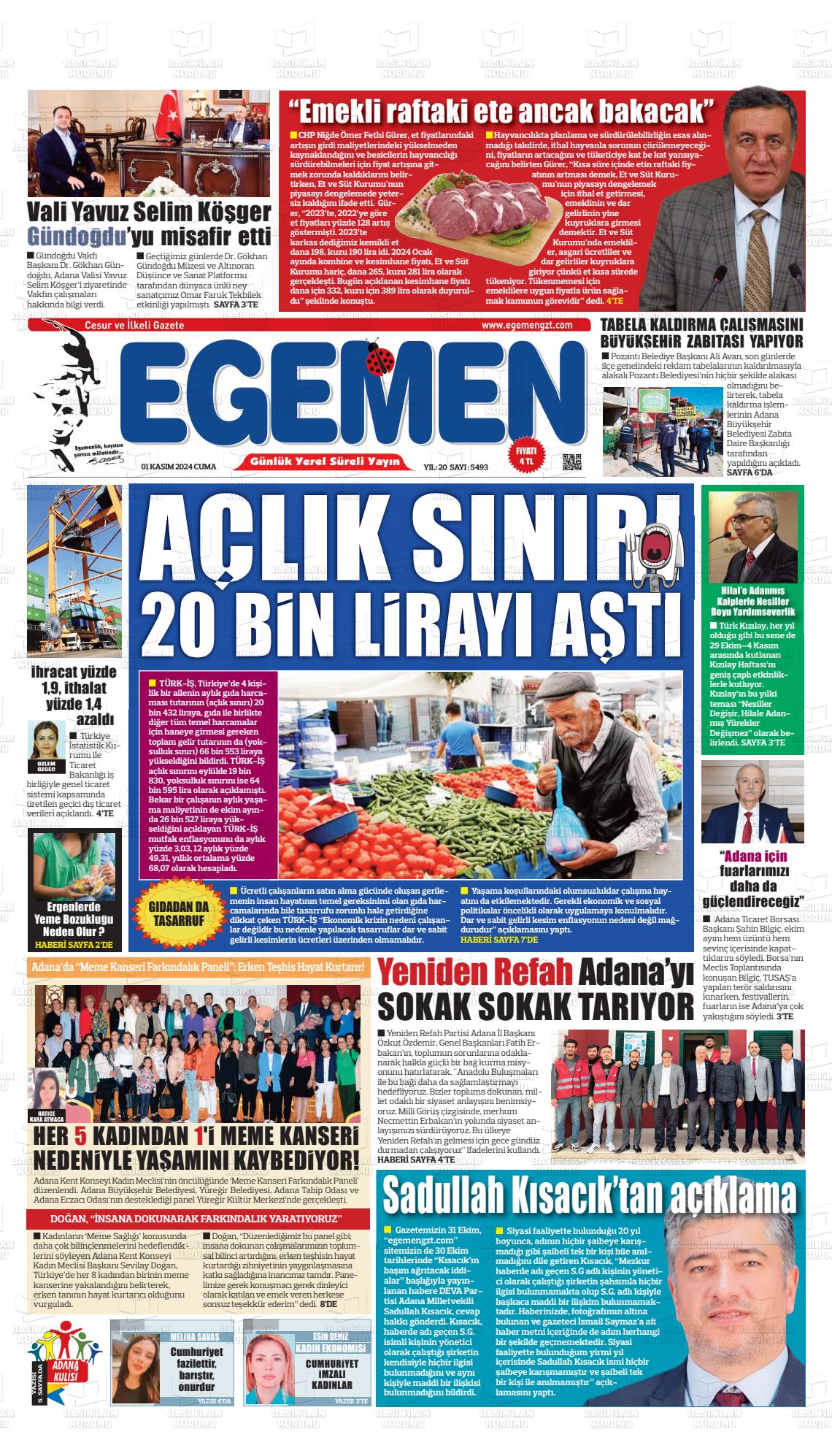 01 Kasım 2024 Egemen  Adana Gazete Manşeti