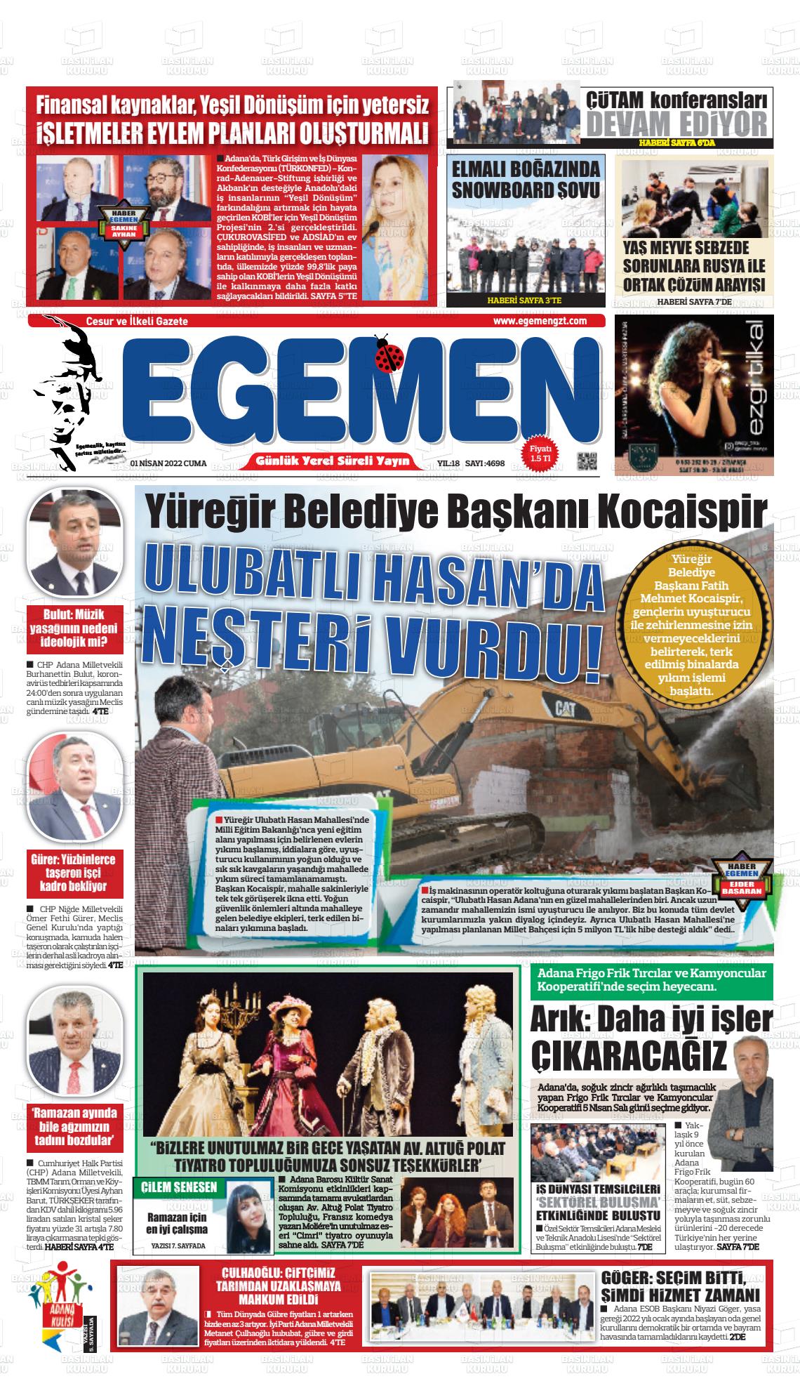 01 Nisan 2022 Egemen  Adana Gazete Manşeti