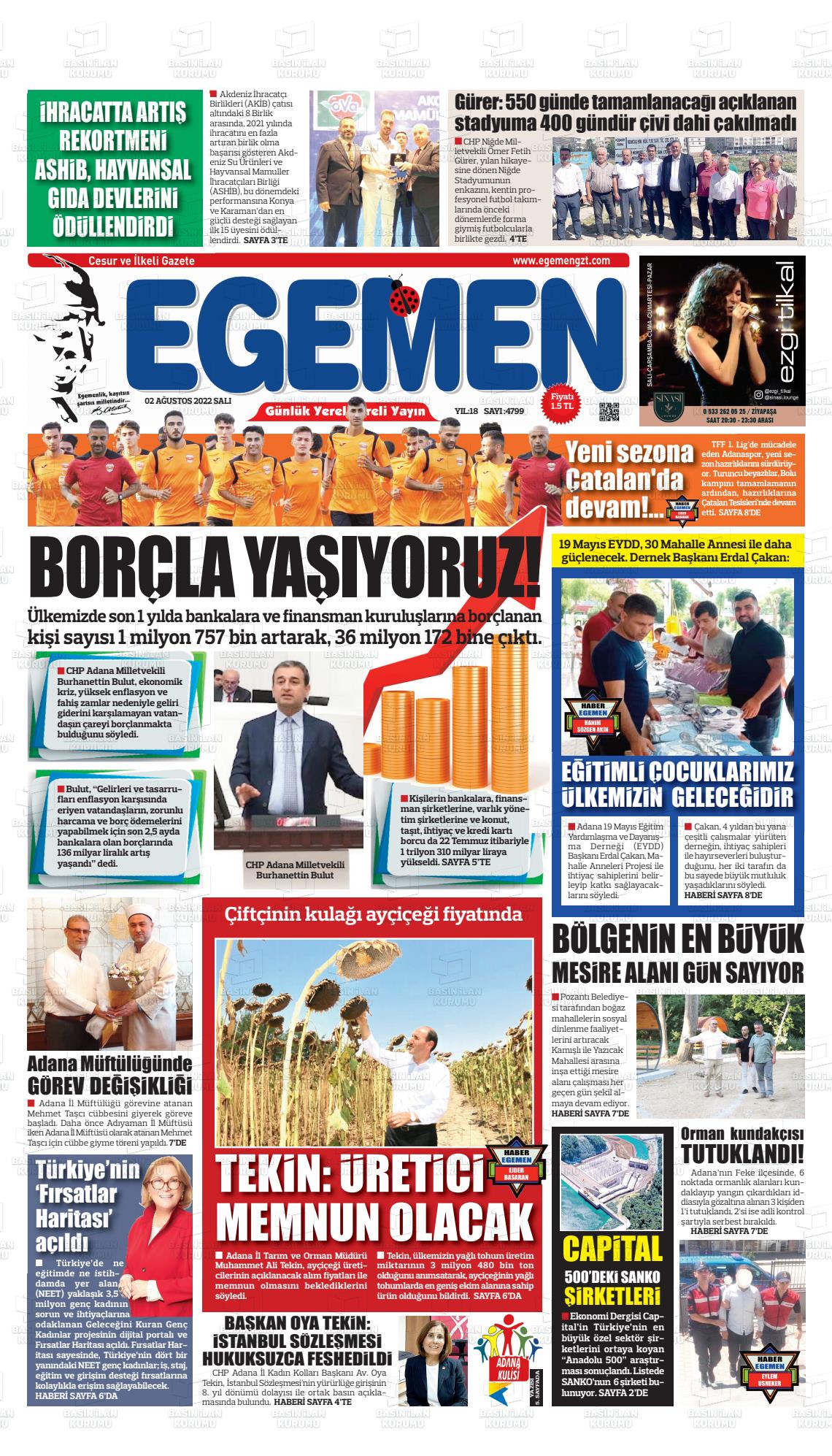 02 Ağustos 2022 Egemen  Adana Gazete Manşeti