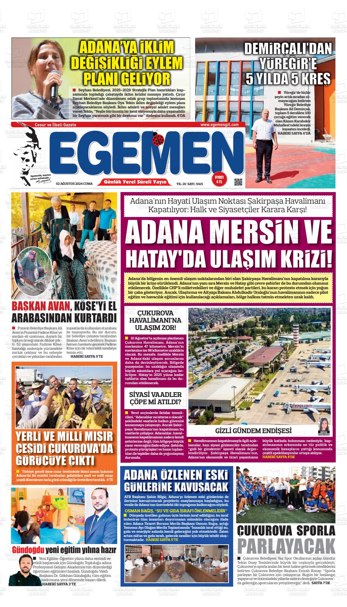 02 Ağustos 2024 Egemen  Adana Gazete Manşeti