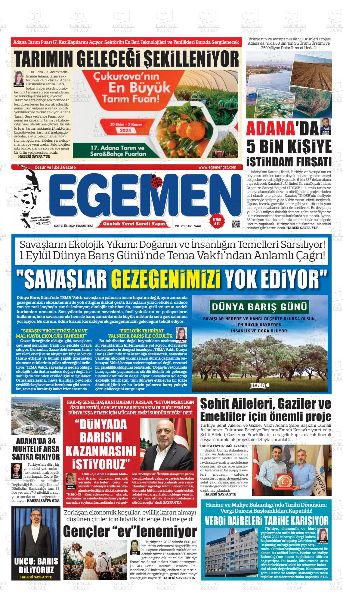 02 Eylül 2024 Egemen  Adana Gazete Manşeti