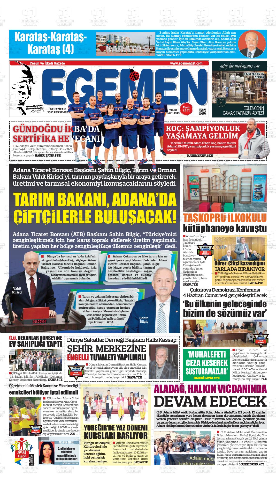 02 Haziran 2022 Egemen  Adana Gazete Manşeti