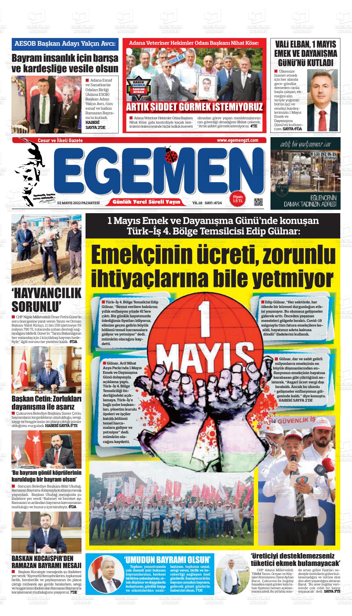 02 Mayıs 2022 Egemen  Adana Gazete Manşeti