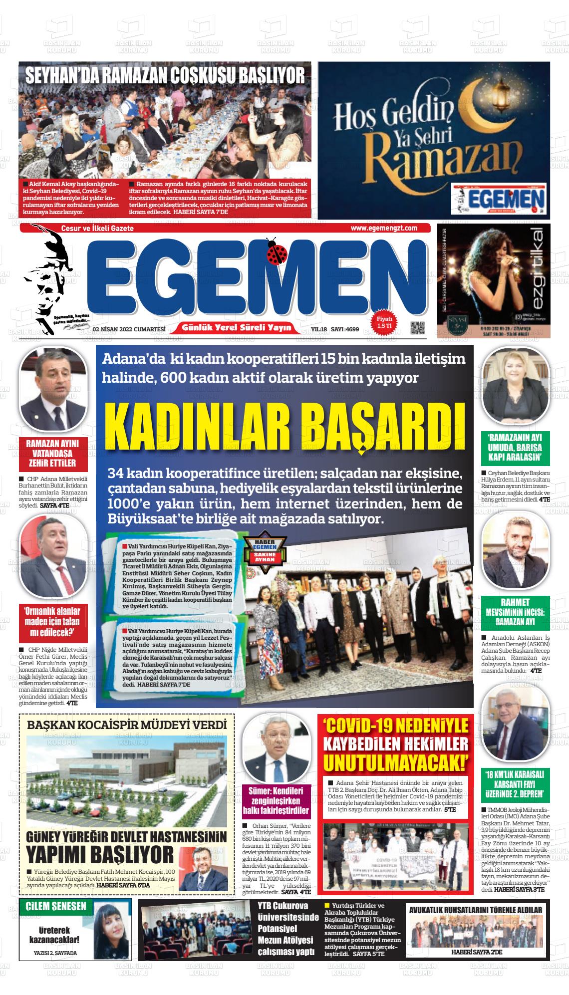 02 Nisan 2022 Egemen  Adana Gazete Manşeti