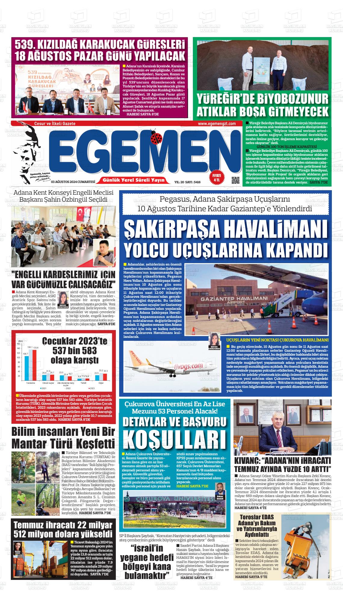 03 Ağustos 2024 Egemen  Adana Gazete Manşeti