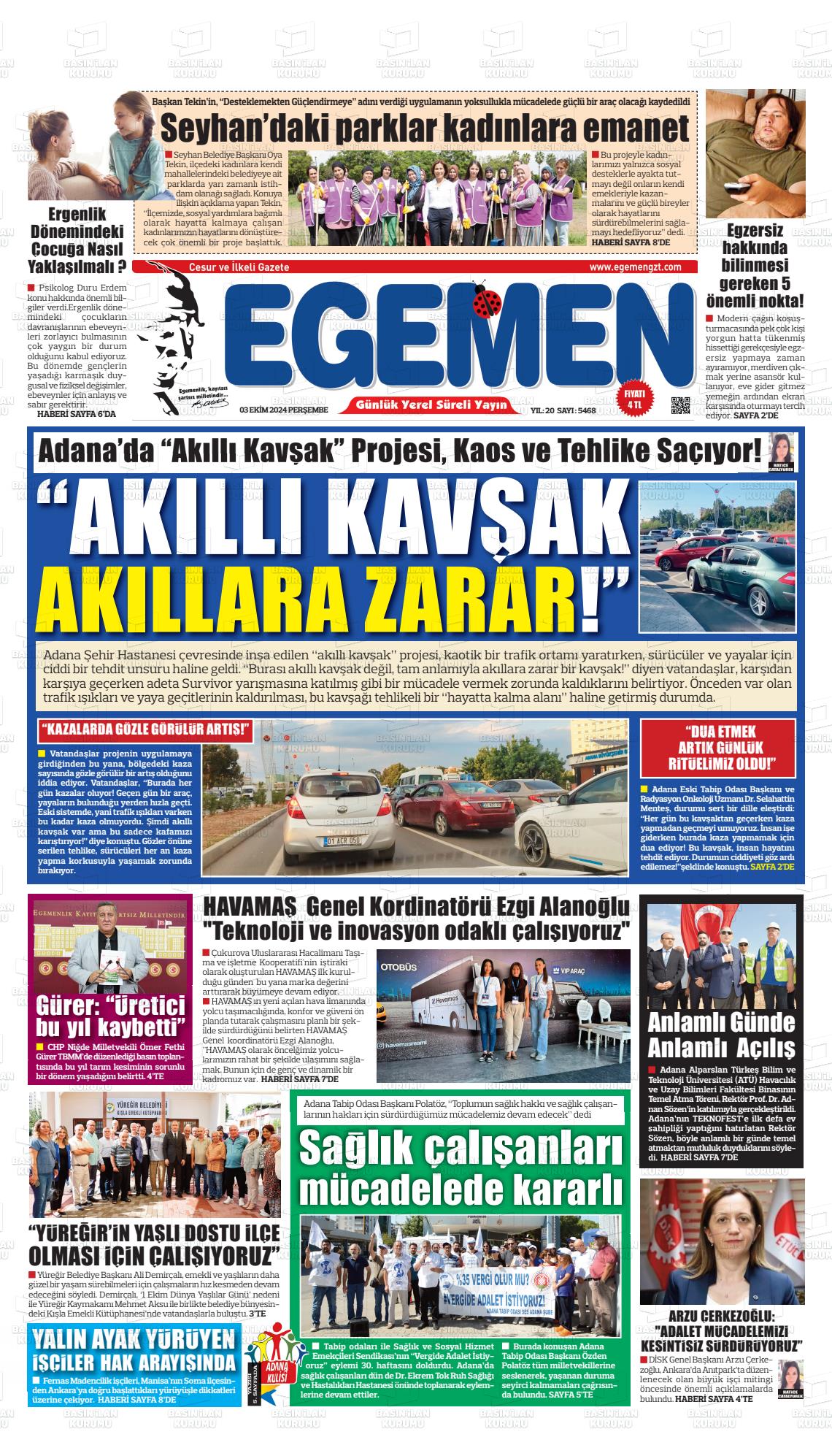 03 Ekim 2024 Egemen  Adana Gazete Manşeti