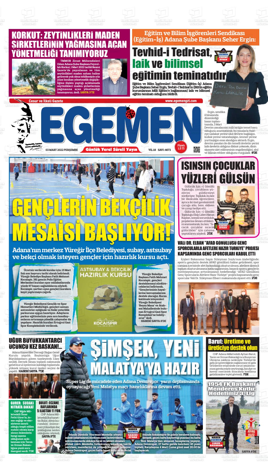 03 Mart 2022 Egemen  Adana Gazete Manşeti