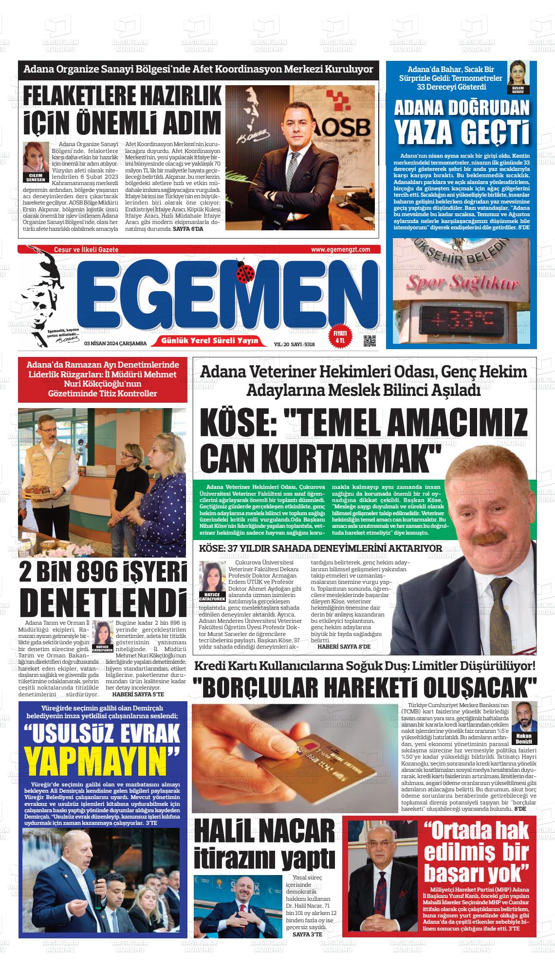 03 Nisan 2024 Egemen  Adana Gazete Manşeti