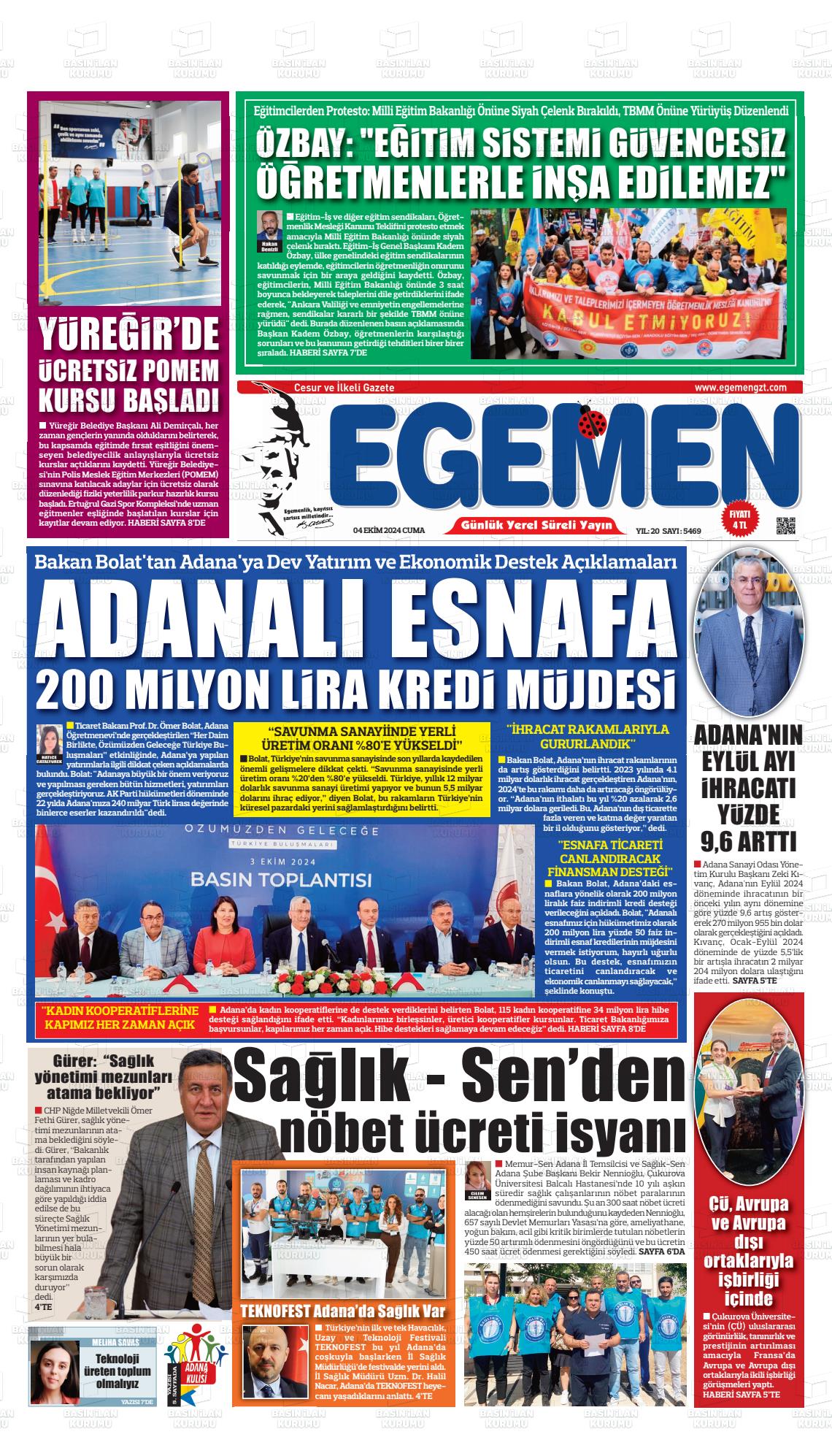 04 Ekim 2024 Egemen  Adana Gazete Manşeti