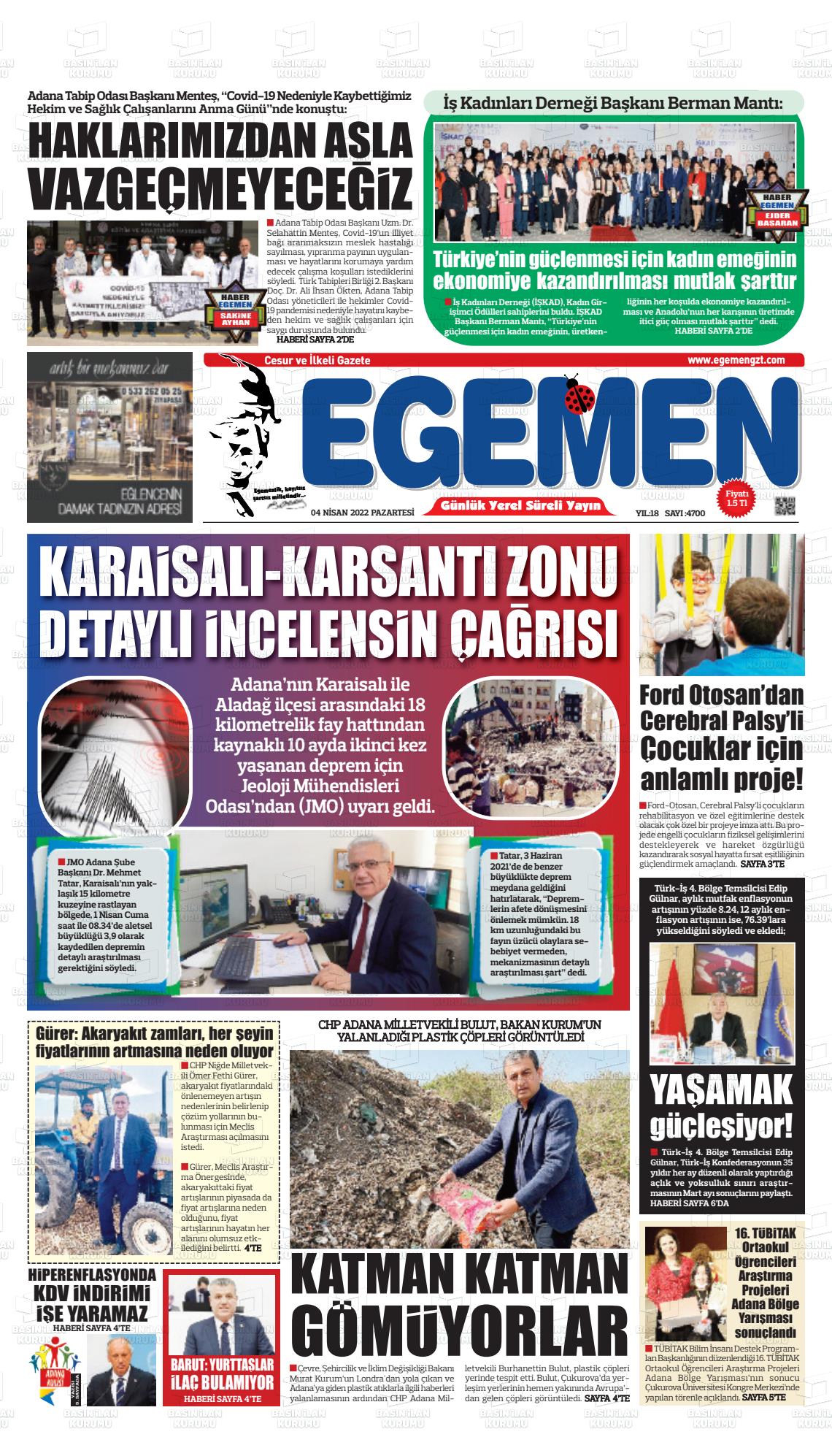 04 Nisan 2022 Egemen  Adana Gazete Manşeti