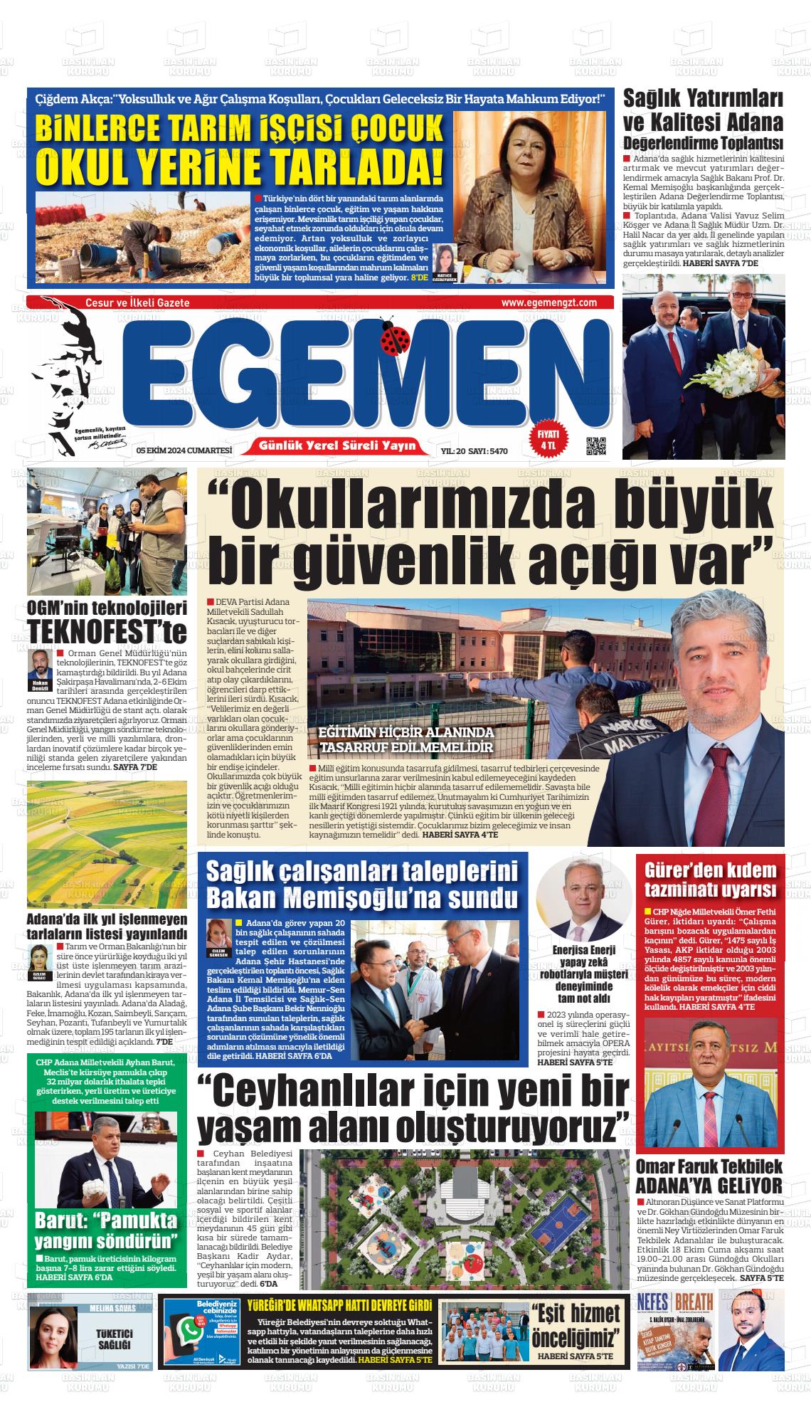 05 Ekim 2024 Egemen  Adana Gazete Manşeti