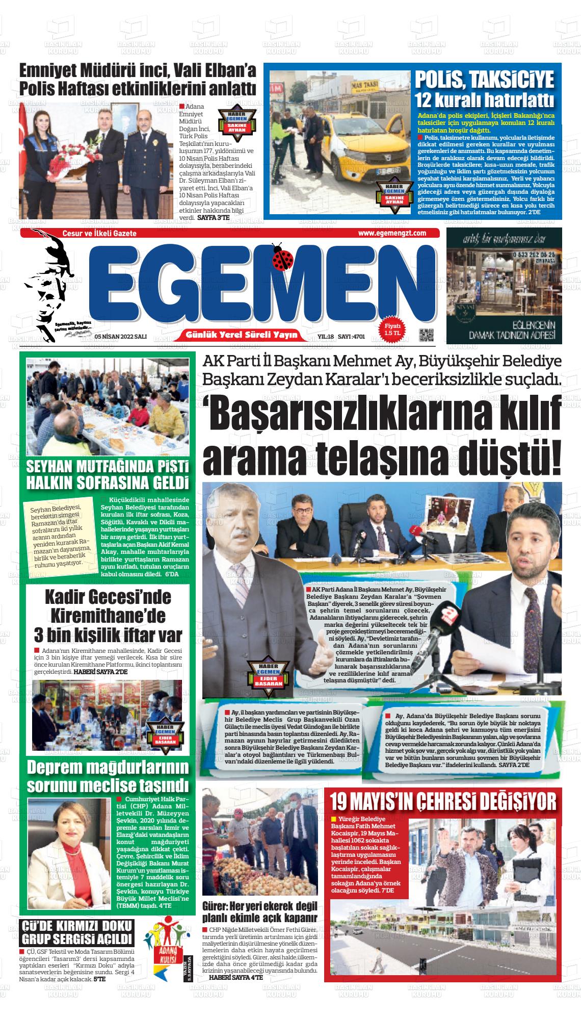 05 Nisan 2022 Egemen  Adana Gazete Manşeti