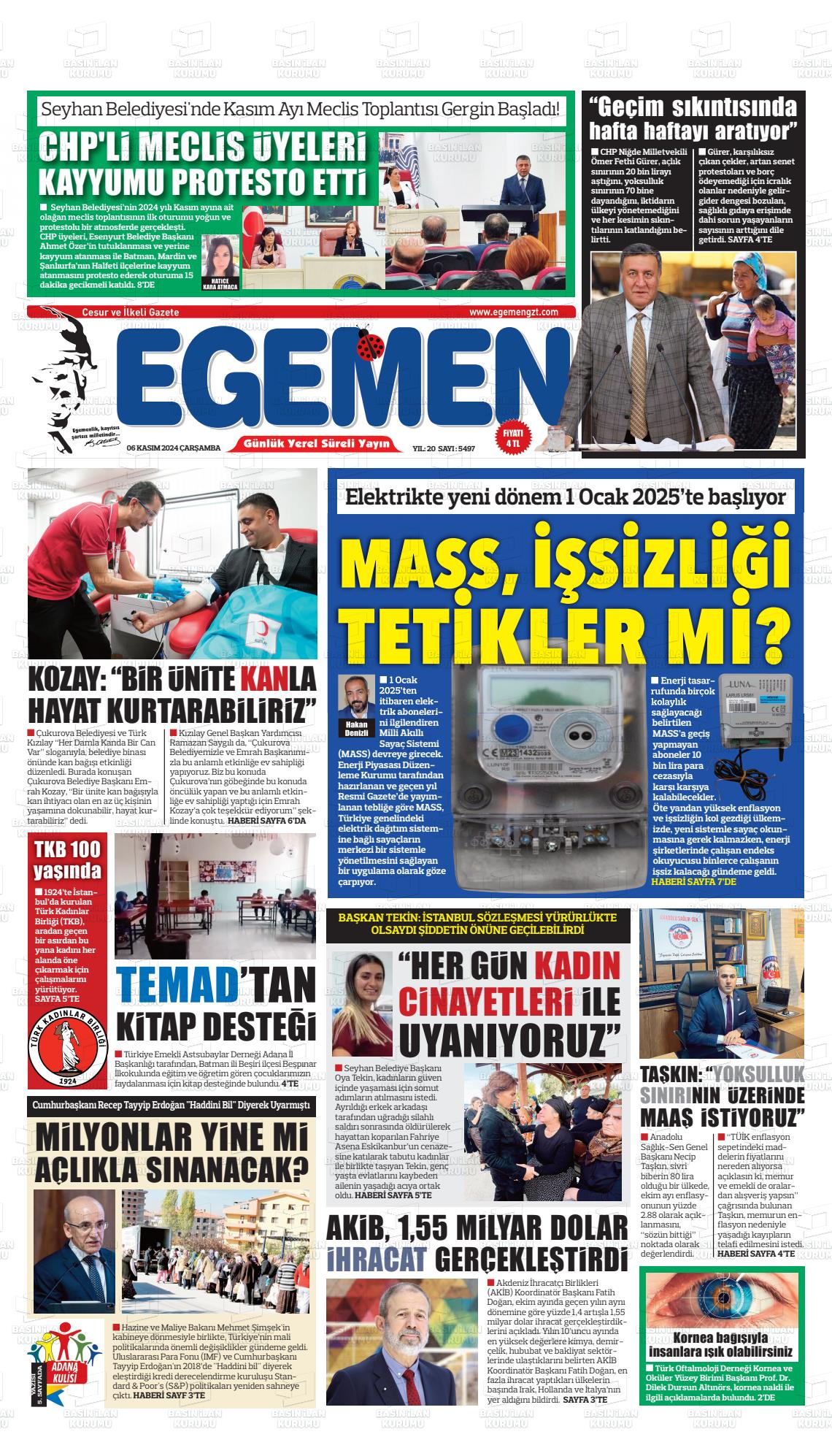 06 Kasım 2024 Egemen  Adana Gazete Manşeti