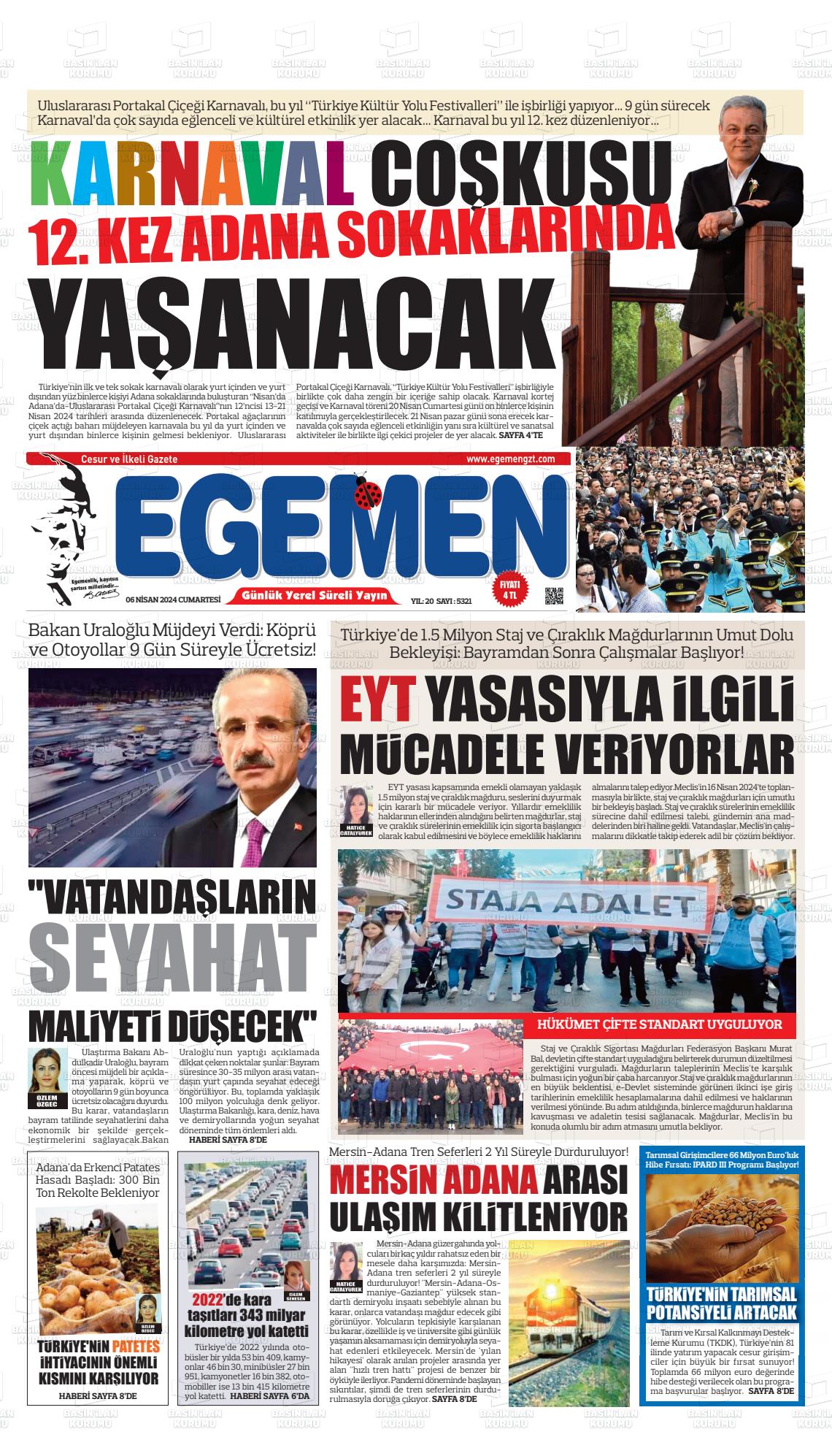 06 Nisan 2024 Egemen  Adana Gazete Manşeti