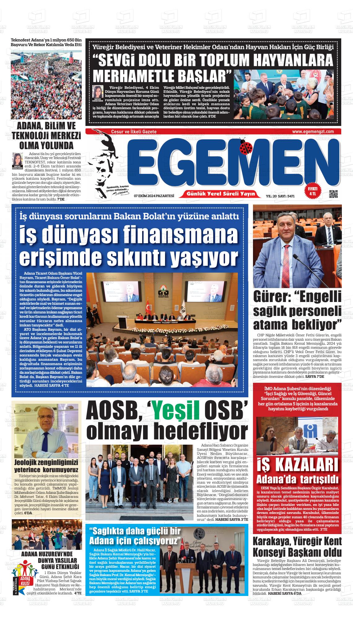 07 Ekim 2024 Egemen  Adana Gazete Manşeti